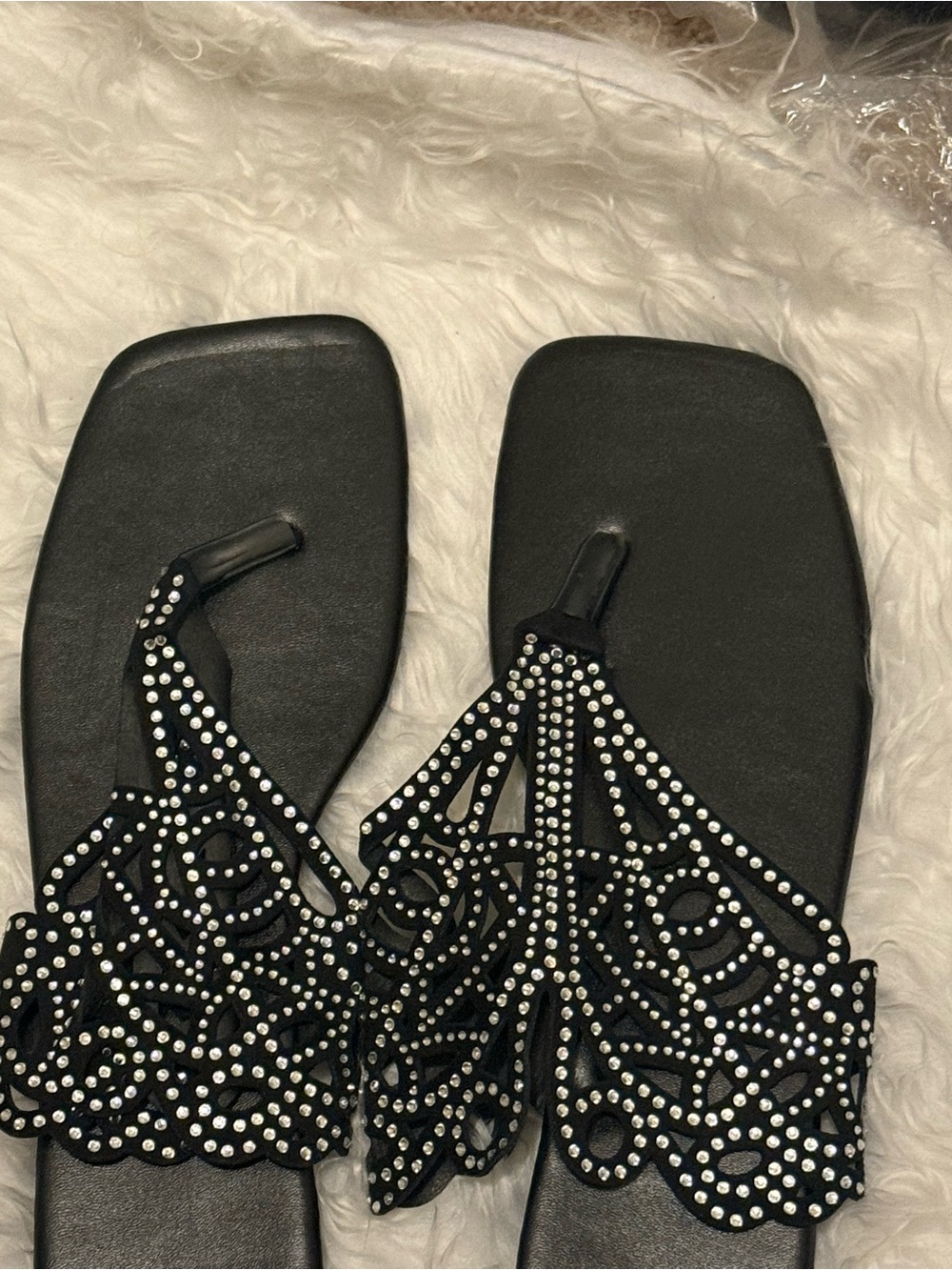 Women's Black Rhinestone Toe-Post Sandals